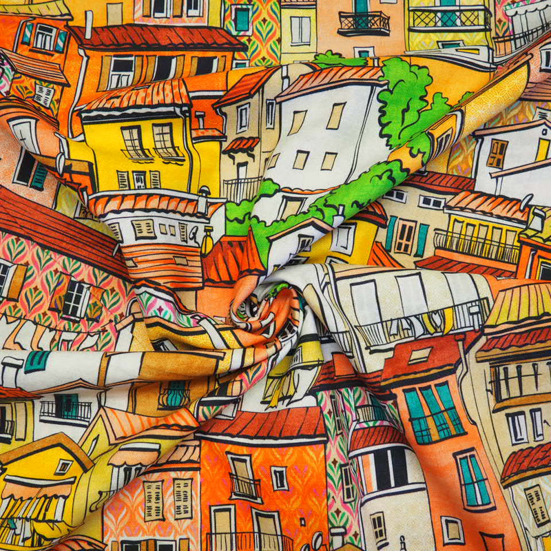 Toskana Kleine Stadt Häuschen auf Canvas bunt Digitaldruck Dekostoff