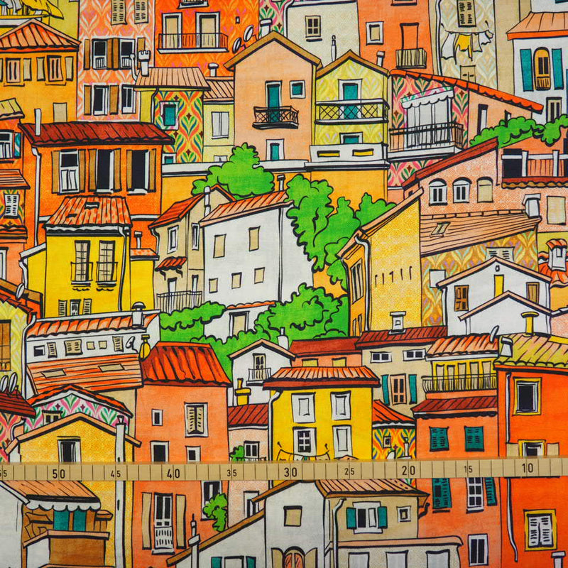 Toskana Kleine Stadt Häuschen auf Canvas bunt Digitaldruck Dekostoff
