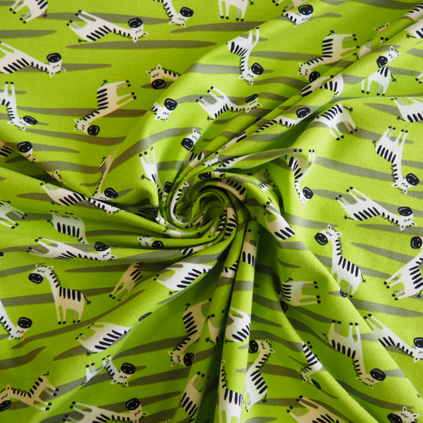 Zebra Afrika Tiere Kinderstoff Grün Baumwolljersey
